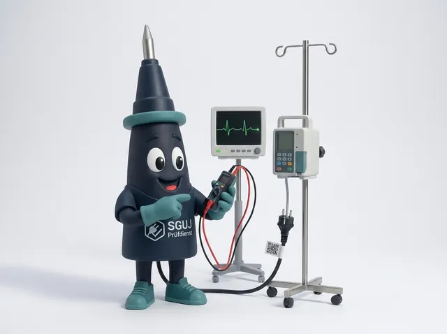 Illustration: Maskottchen Glowi prüft eine Infusionspumpe am Rollstativ und einen Patientenmonitor, das QR-Etikett klebt am Kabel direkt beim Stecker
