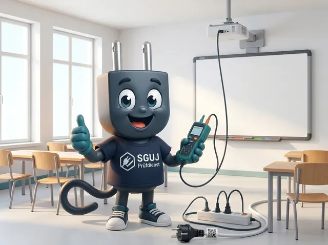 Illustration: Maskottchen Stecker prüft Beamer und Steckdosenleiste in einem Klassenzimmer, das QR-Etikett sitzt am Kabel der Leiste direkt beim Stecker